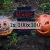 Two carved pumpkins and a sign between them "Beware", "Go back"